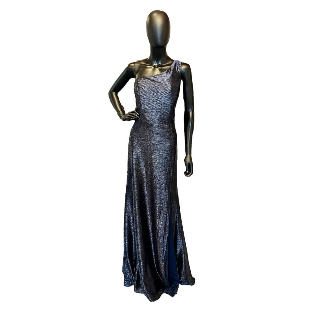 Hayley Paige Liquid Metallic Navy One Shoulder Maxi Formal Dress - NWOT